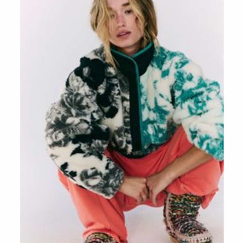 Free People Black and Teal Teddy Jacket